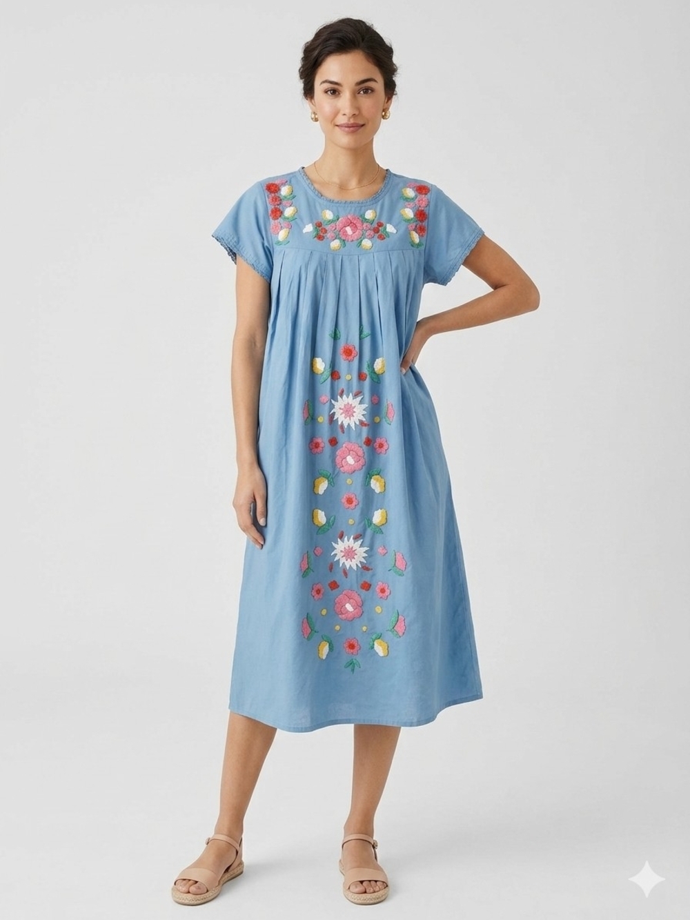 Frances Valentine Blue Embroidered Folk Art Tunic Shift Dress Sz Small Cotton